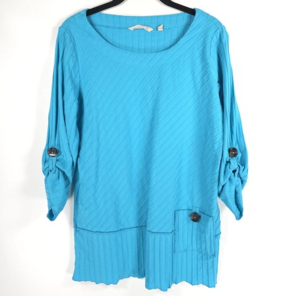 Soft Surroundings Blue Tunic Top Textured Alternating Stripes Buttoned SMALL